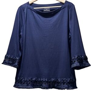 Talbots Lace And Fringe Detail Blue Top With Scoop Neck